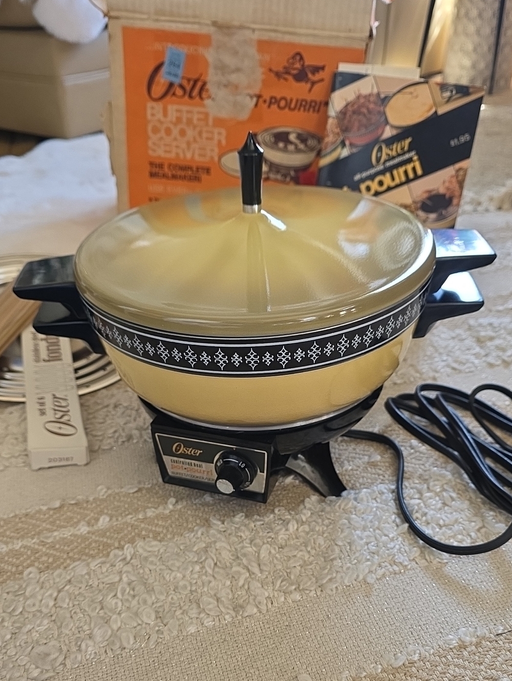 Vintage Oster Harvest GOLD YELLOW BLACK Electric Serving Cooker with Cookbook